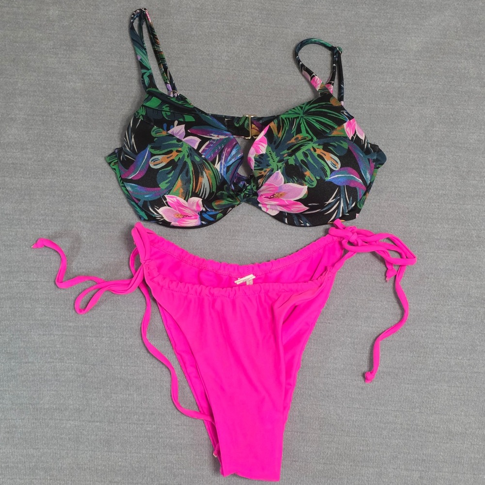 Unbranded Bikini Set Women Medium Pink Floral Tropical Underwire Side Tie Ruched